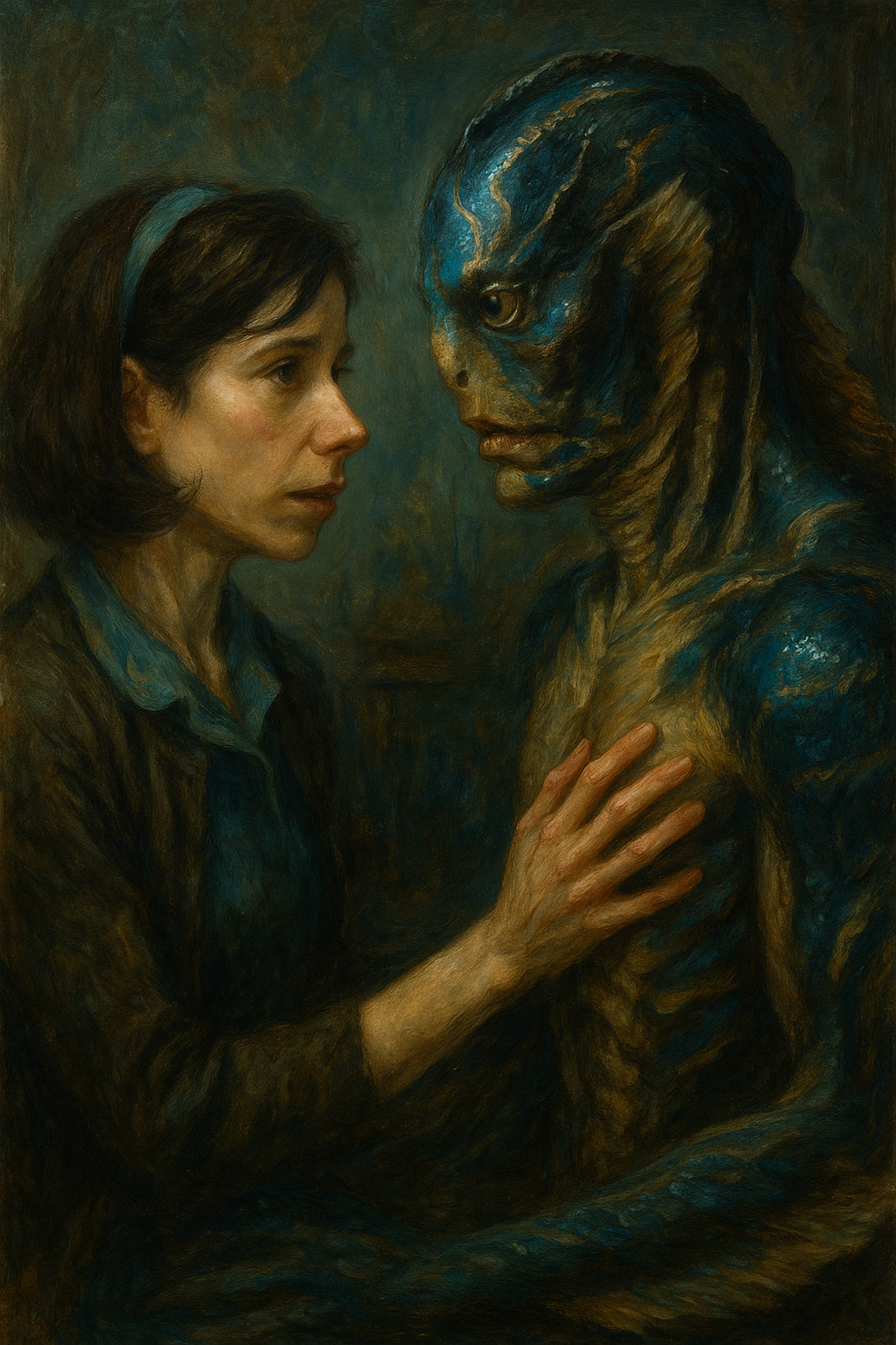 An oil painting-style illustration of Elisa Esposito and the Amphibian Man from The Shape of Water, symbolizing themes of love, loneliness, and Otherness.