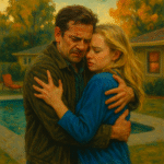 Oil painting-style scene featuring iconic characters from movies and TV such as Carrie Bradshaw, Amy Dunne, and Noah and Alison, symbolizing trauma bonds and toxic relationships.