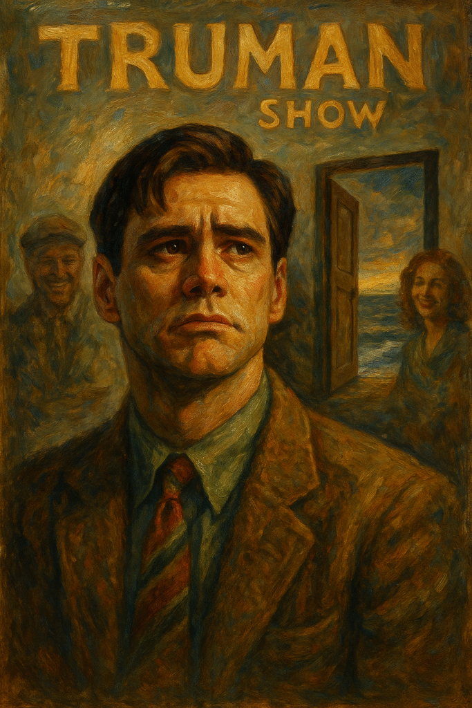 Oil painting of Truman Burbank from The Truman Show, symbolizing identity, reality, and the search for authenticity.