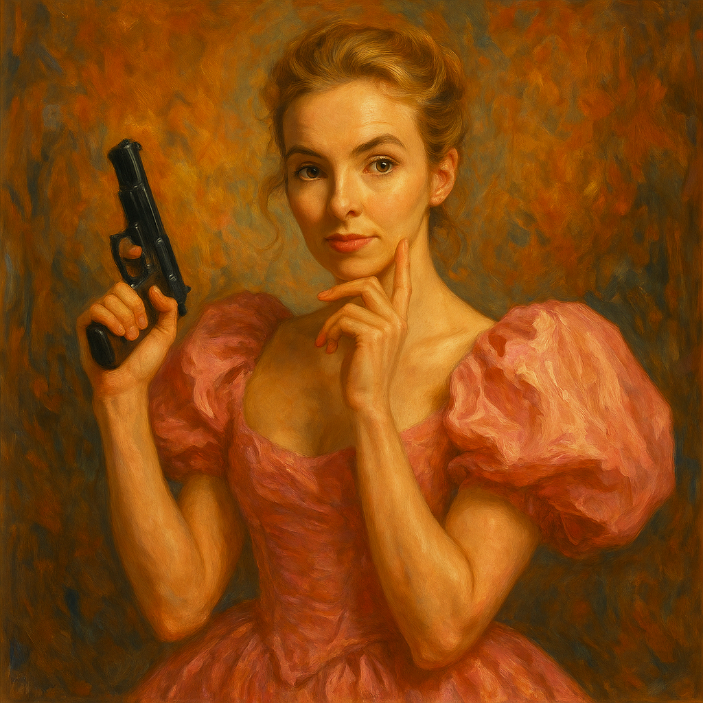 Oil painting of Villanelle from Killing Eve, depicting her elegant yet dangerous persona in a richly detailed, atmospheric setting.