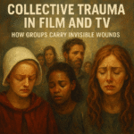 Oil painting-style digital artwork depicting characters from film and TV symbolizing collective trauma, grief, and resilience, with muted colors to convey emotional depth and invisible wounds.