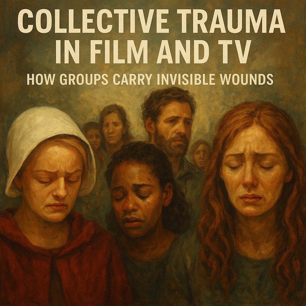 Oil painting-style digital artwork depicting characters from film and TV symbolizing collective trauma, grief, and resilience, with muted colors to convey emotional depth and invisible wounds.