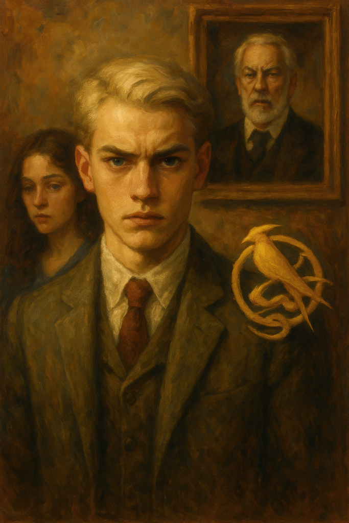 Oil painting of young Coriolanus Snow from The Hunger Games: The Ballad of Songbirds and Snakes, symbolizing his rise from privilege to tyranny.