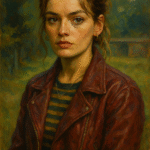 Oil painting of Maeve Wiley, portrayed by Emma Mackey, from Netflix’s Sex Education, with expressive brushstrokes highlighting her resilience.