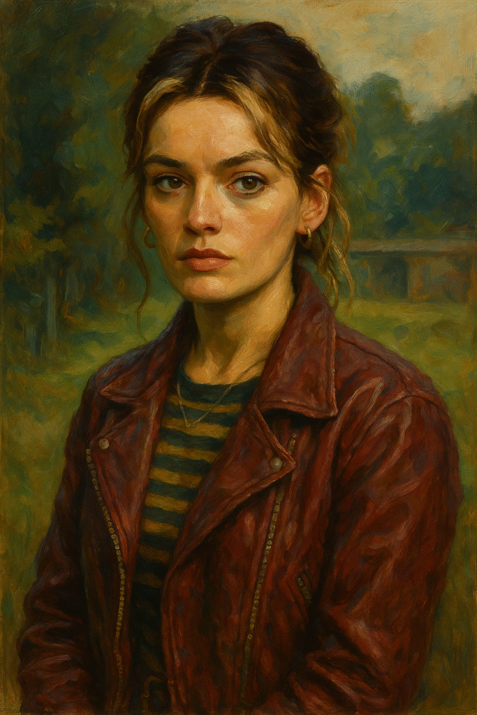 Oil painting of Maeve Wiley, portrayed by Emma Mackey, from Netflix’s Sex Education, with expressive brushstrokes highlighting her resilience.