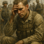 Oil painting of a soldier reflecting during wartime, symbolizing the psychological conflict of moral injury, duty versus humanity.