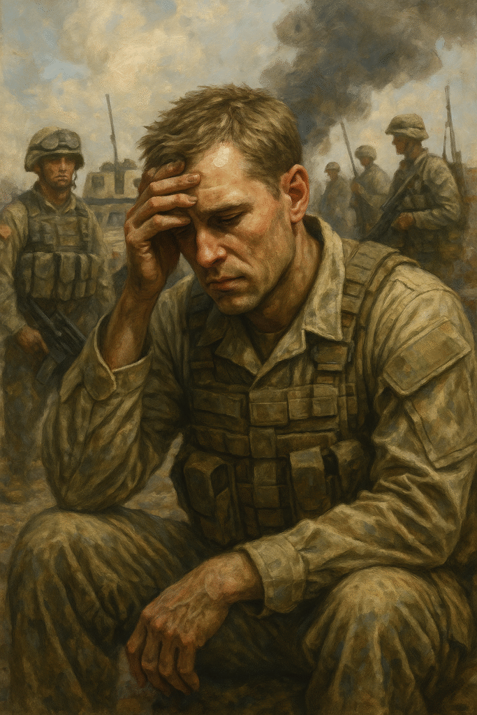 Oil painting of a soldier reflecting during wartime, symbolizing the psychological conflict of moral injury, duty versus humanity.