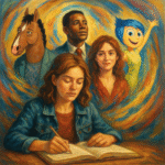 Oil painting-style illustration symbolizing narrative therapy, showing individuals rewriting their life stories and transforming struggles into empowerment.