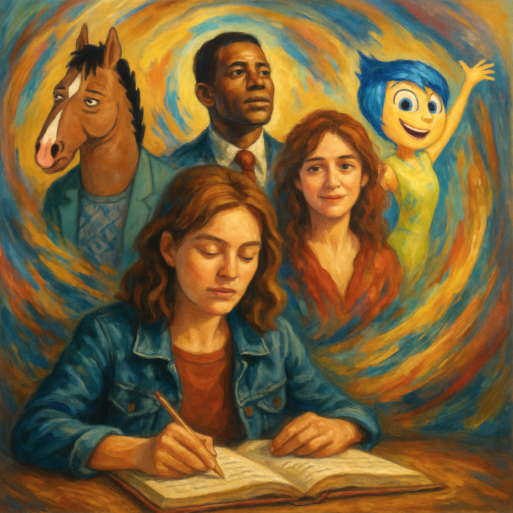 Oil painting-style illustration symbolizing narrative therapy, showing individuals rewriting their life stories and transforming struggles into empowerment.
