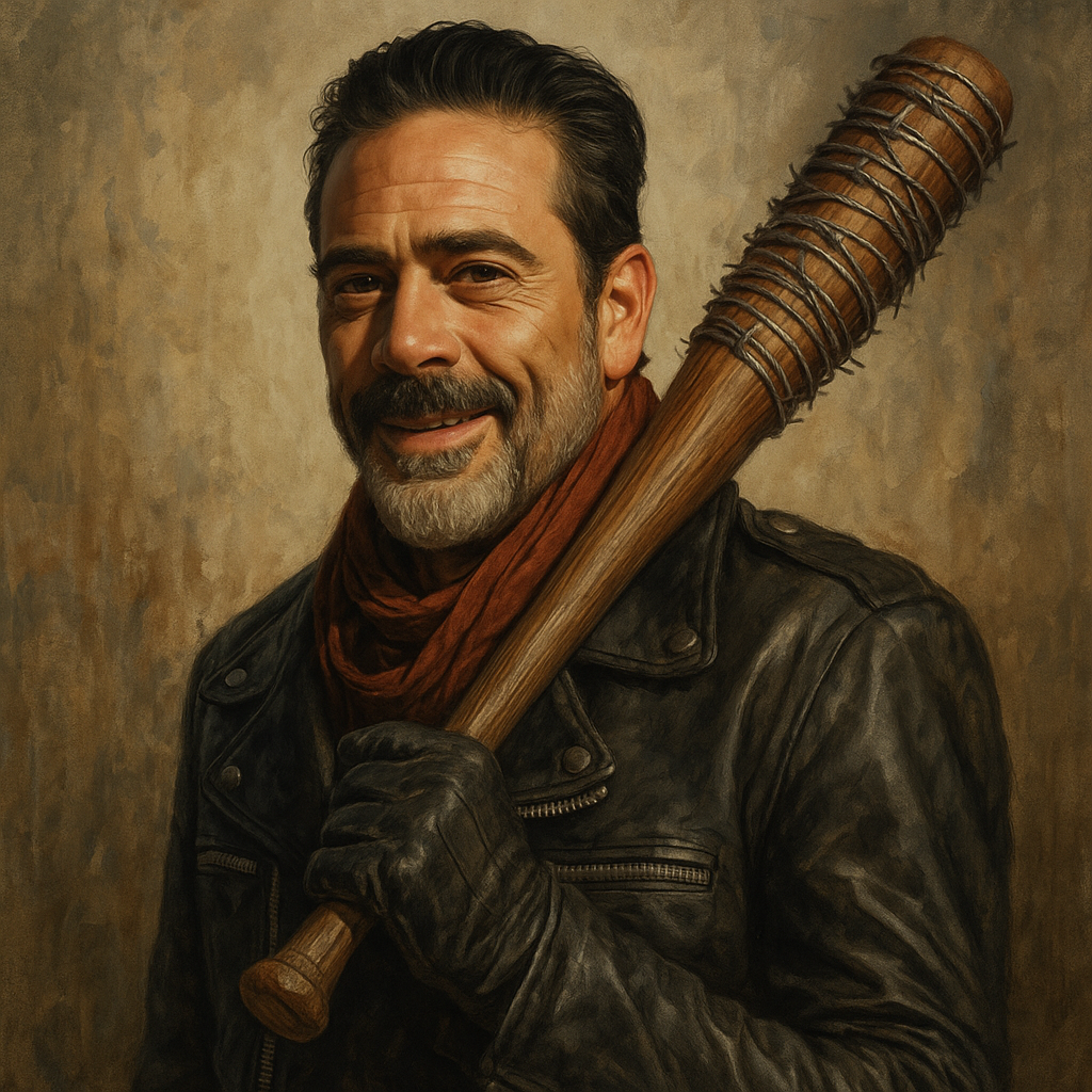 Realistic digital painting of Negan from The Walking Dead, portrayed as a cult leader holding Lucille the bat, symbolizing charisma, fear, and psychological control.