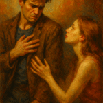 Oil painting of a young man in emotional conflict, symbolizing the fear of intimacy and the struggle to open up in relationships.