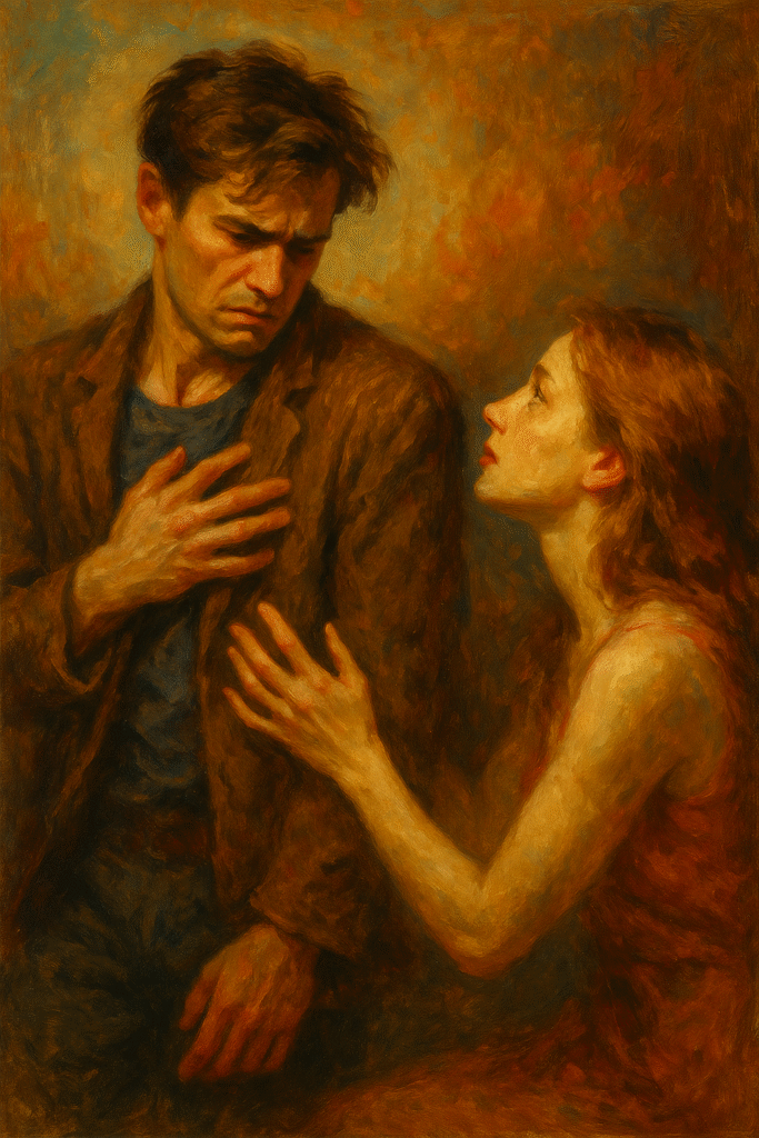 Oil painting of a young man in emotional conflict, symbolizing the fear of intimacy and the struggle to open up in relationships.