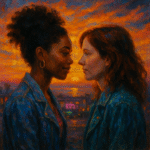 An oil painting of Yorkie and Kelly from Black Mirror’s San Junipero, embracing on a beach at sunset, symbolizing love, memory, and the digital afterlife.
