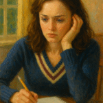 Oil painting of Rory Gilmore from Gilmore Girls, inspired by her journey of ambition, perfectionism, and fear of failure.