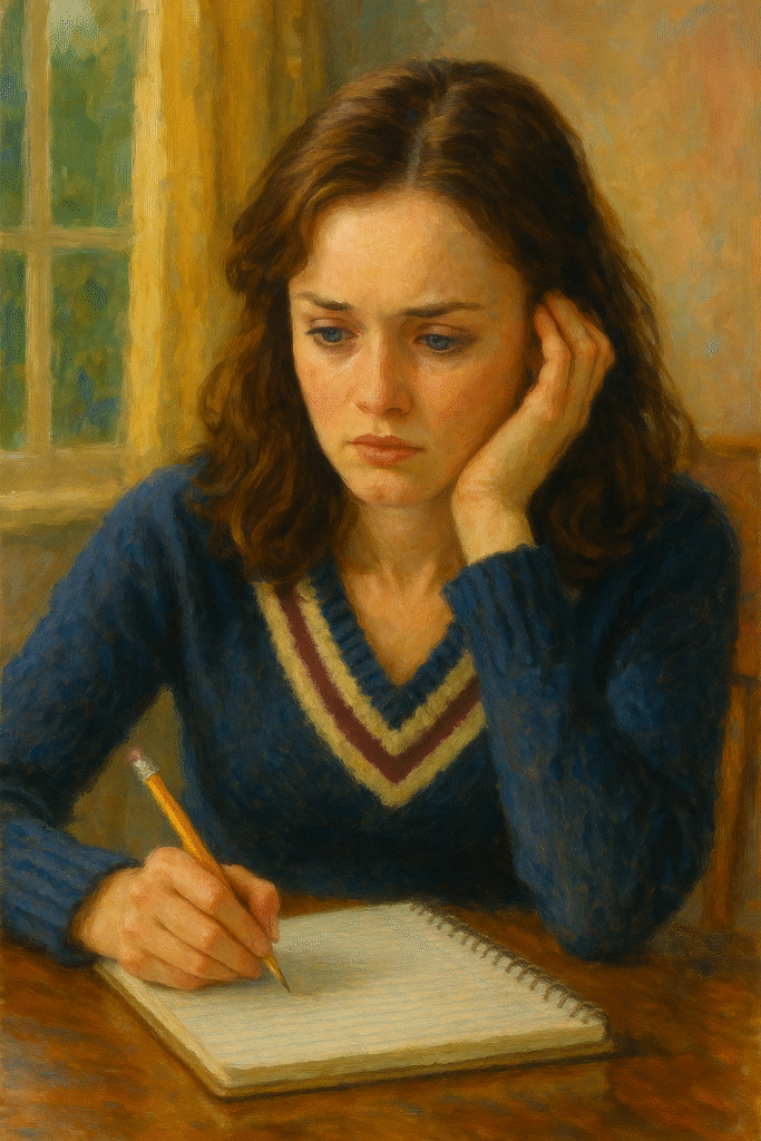 Oil painting of Rory Gilmore from Gilmore Girls, inspired by her journey of ambition, perfectionism, and fear of failure.