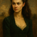 Oil painting of Scarlett O’Hara from Gone with the Wind, symbolizing survival, narcissism, and emotional resilience during the Civil War and Reconstruction era.
