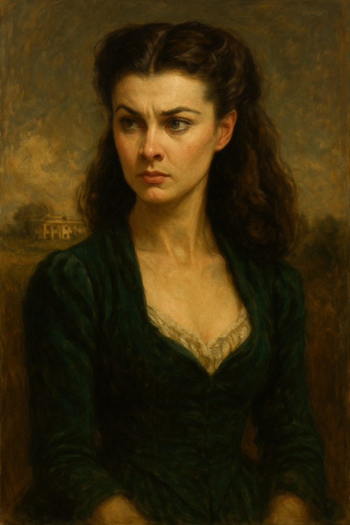 Oil painting of Scarlett O’Hara from Gone with the Wind, symbolizing survival, narcissism, and emotional resilience during the Civil War and Reconstruction era.