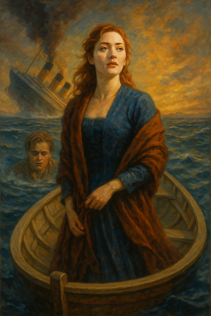 An oil painting of Rose DeWitt Bukater from Titanic, symbolizing survival, guilt, resilience, and self-reinvention after the shipwreck.