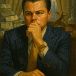 Oil painting of Jordan Belfort in The Wolf of Wall Street, symbolizing addiction, greed, and power on Wall Street.