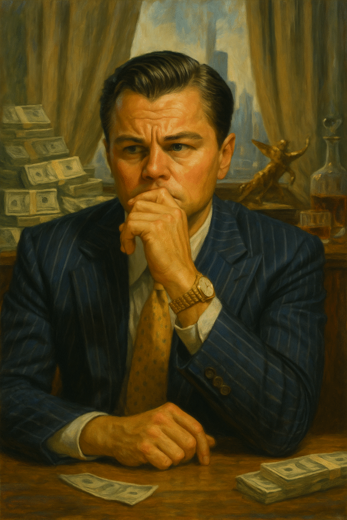 Oil painting of Jordan Belfort in The Wolf of Wall Street, symbolizing addiction, greed, and power on Wall Street.