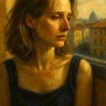 A realistic oil painting of a man and a woman walking together along the Seine River at sunset in Paris, with golden light reflecting on the water, symbolizing nostalgia, emotional connection, and unspoken romantic tension inspired by Before Sunset.