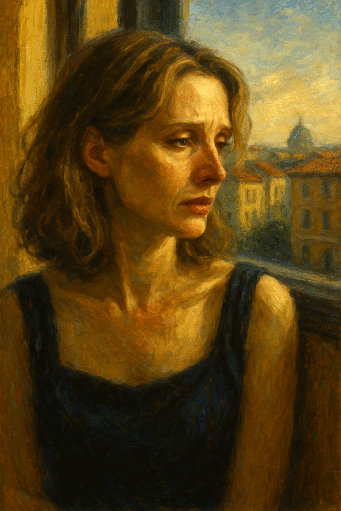A realistic oil painting of a man and a woman walking together along the Seine River at sunset in Paris, with golden light reflecting on the water, symbolizing nostalgia, emotional connection, and unspoken romantic tension inspired by Before Sunset.