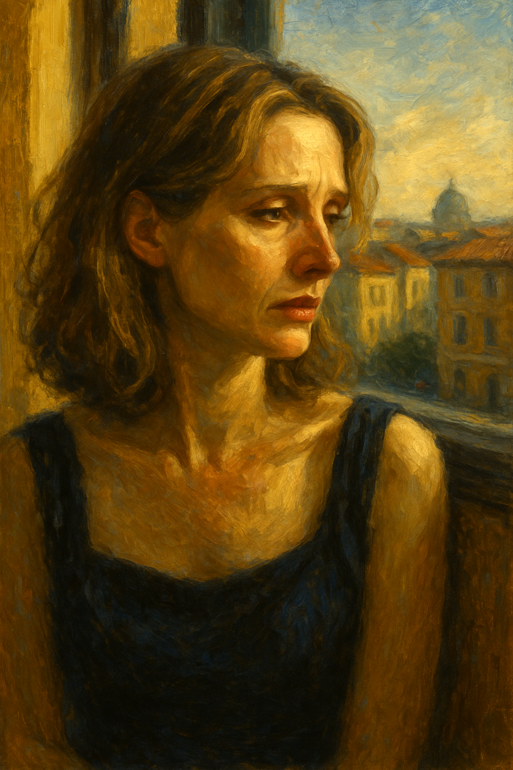 A realistic oil painting of a man and a woman walking together along the Seine River at sunset in Paris, with golden light reflecting on the water, symbolizing nostalgia, emotional connection, and unspoken romantic tension inspired by Before Sunset.