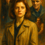 An oil painting of a young female FBI trainee standing in a dimly lit hallway, symbolizing courage and vulnerability. Inspired by Clarice Starling from Silence of the Lambs, the artwork captures themes of fear, determination, and gender dynamics in a male-dominated world.