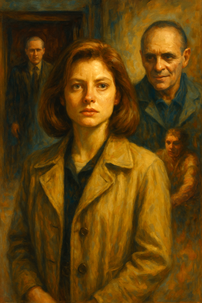 An oil painting of a young female FBI trainee standing in a dimly lit hallway, symbolizing courage and vulnerability. Inspired by Clarice Starling from Silence of the Lambs, the artwork captures themes of fear, determination, and gender dynamics in a male-dominated world.