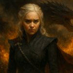 An oil painting of Daenerys Targaryen standing before a burning city with a dragon flying overhead, symbolizing her power, descent into madness, and destiny in Game of Thrones, illuminated by fiery tones and dramatic shadows.