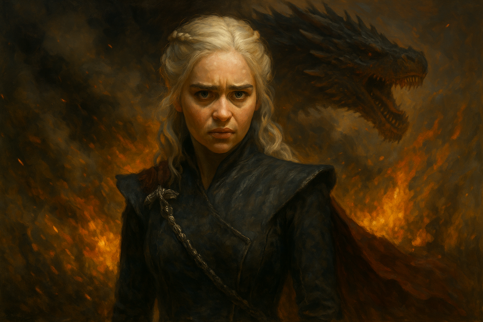 An oil painting of Daenerys Targaryen standing before a burning city with a dragon flying overhead, symbolizing her power, descent into madness, and destiny in Game of Thrones, illuminated by fiery tones and dramatic shadows.