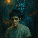 A surreal oil painting depicting a teenage boy standing under a swirling night sky with a glowing time vortex and a shadowy rabbit figure in the mist. Inspired by the film Donnie Darko, it symbolizes time loops, guilt, and adolescence through dreamlike lighting and deep blue-purple tones.