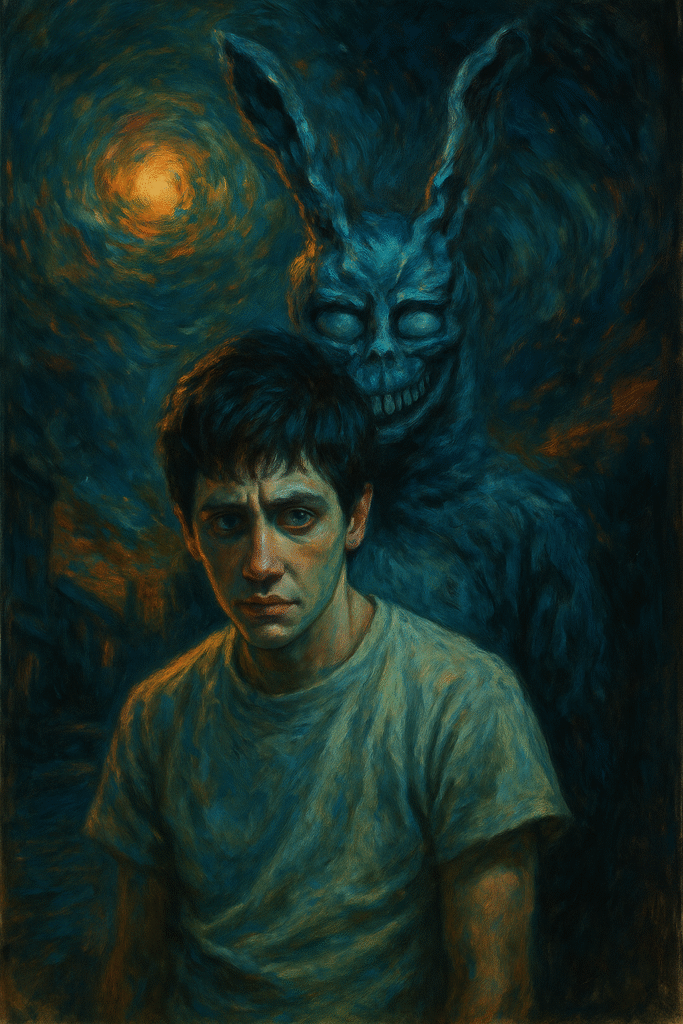 A surreal oil painting depicting a teenage boy standing under a swirling night sky with a glowing time vortex and a shadowy rabbit figure in the mist. Inspired by the film Donnie Darko, it symbolizes time loops, guilt, and adolescence through dreamlike lighting and deep blue-purple tones.