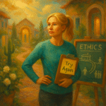 Eleanor Shellstrop holds a ‘Try Again’ clipboard beside a trolley-problem chalkboard in a sunny Good Place village—ethics and growth.