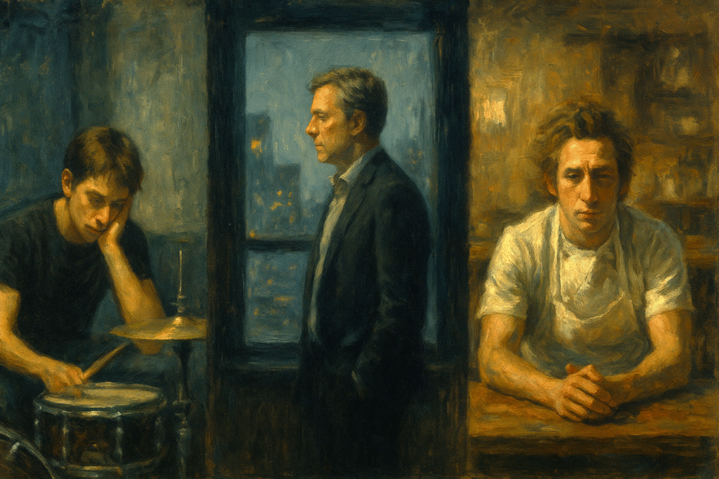 A cinematic oil painting depicting three symbolic figures — a jazz drummer under harsh light, a businessman frozen before a city skyline, and a chef in a tense kitchen — representing the fear of stagnation and emotional pressure in modern storytelling.