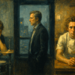 A cinematic oil painting depicting three symbolic figures — a jazz drummer under harsh light, a businessman frozen before a city skyline, and a chef in a tense kitchen — representing the fear of stagnation and emotional pressure in modern storytelling.