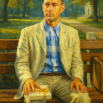 Oil painting of Forrest Gump sitting on a park bench with a suitcase, symbolizing innocence and destiny, in an impressionistic cinematic style.