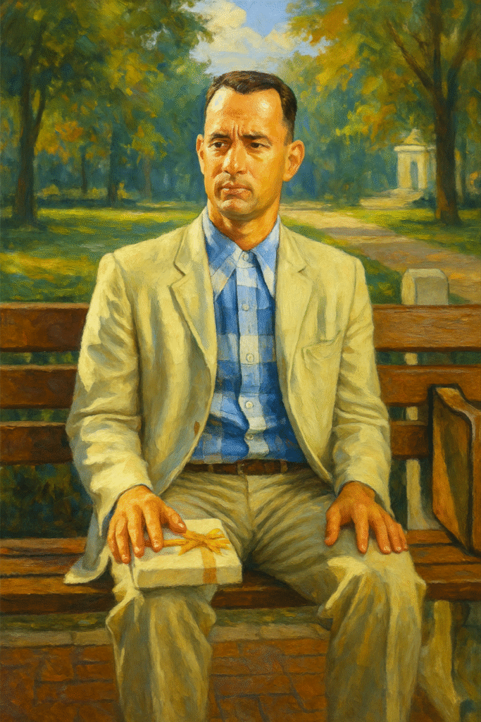 Oil painting of Forrest Gump sitting on a park bench with a suitcase, symbolizing innocence and destiny, in an impressionistic cinematic style.