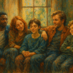 An impressionistic oil painting showing a diverse group of people from different backgrounds gathered in a warm living room, sharing laughter and closeness, representing the concept of found families and the psychology of belonging.