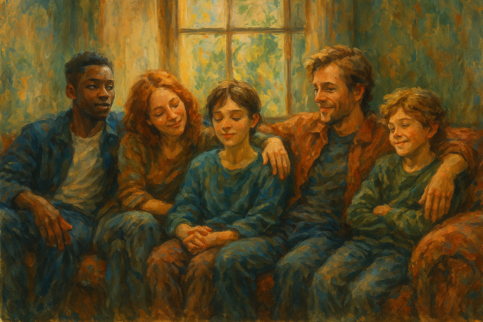 An impressionistic oil painting showing a diverse group of people from different backgrounds gathered in a warm living room, sharing laughter and closeness, representing the concept of found families and the psychology of belonging.