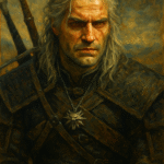 Oil painting of Geralt of Rivia, the Witcher, depicted with stoic expression, symbolic lighting, and dark fantasy atmosphere representing themes of trauma, destiny, and resilience.