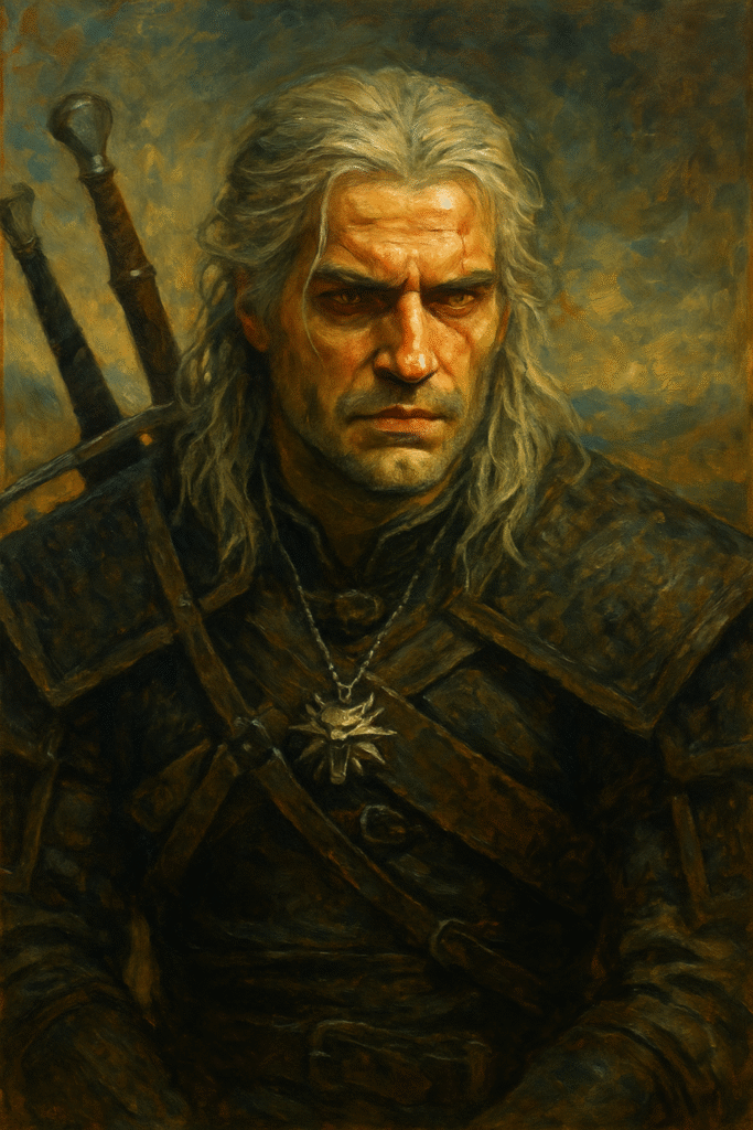 Oil painting of Geralt of Rivia, the Witcher, depicted with stoic expression, symbolic lighting, and dark fantasy atmosphere representing themes of trauma, destiny, and resilience.