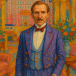 An oil painting inspired by The Grand Budapest Hotel showing Gustave H. in his purple concierge uniform standing in front of the pastel-pink hotel surrounded by colorful mountains, symbolizing elegance, nostalgia, and decay in Wes Anderson’s cinematic world.