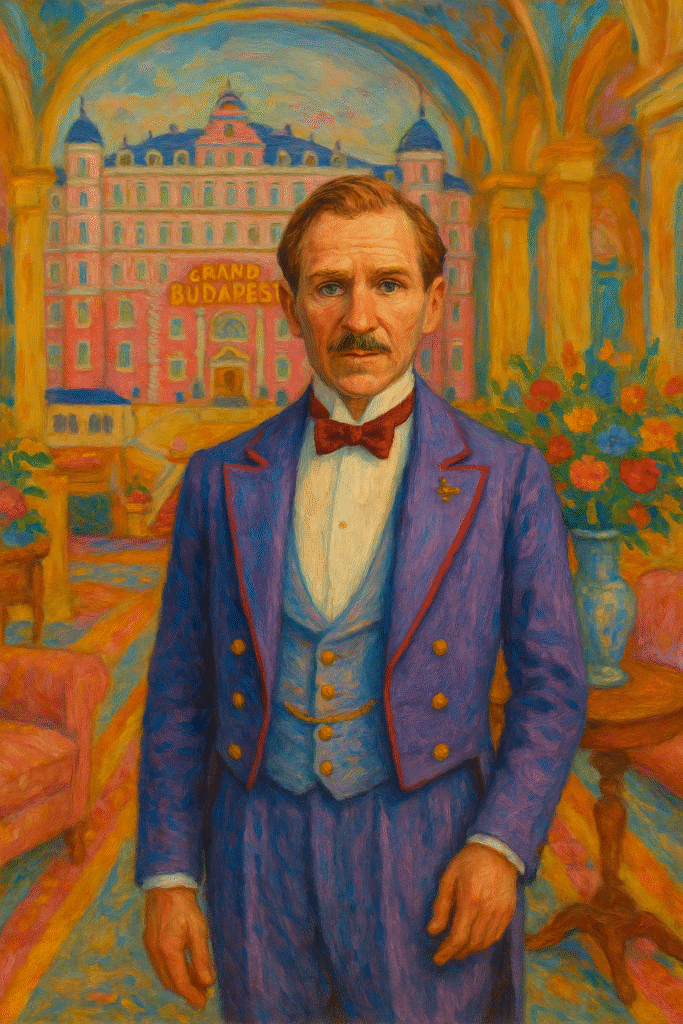 An oil painting inspired by The Grand Budapest Hotel showing Gustave H. in his purple concierge uniform standing in front of the pastel-pink hotel surrounded by colorful mountains, symbolizing elegance, nostalgia, and decay in Wes Anderson’s cinematic world.