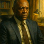 An oil painting inspired by The Blacklist, depicting a calm and authoritative man symbolizing Harold Cooper standing in a shadowy FBI office surrounded by monitors and files, radiating stoicism and leadership.