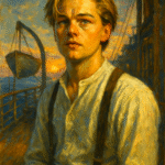 A romantic oil painting of Jack Dawson and Rose standing on the deck of the Titanic at sunset, symbolizing love, sacrifice, and heroism with warm light and ocean waves in the background.