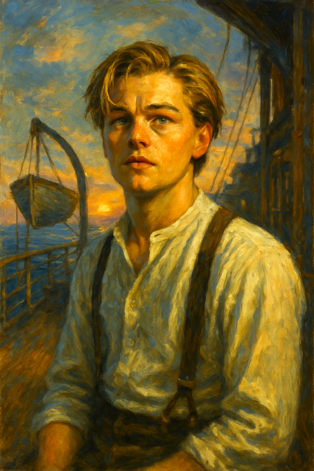 A romantic oil painting of Jack Dawson and Rose standing on the deck of the Titanic at sunset, symbolizing love, sacrifice, and heroism with warm light and ocean waves in the background.