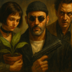 A cinematic oil painting inspired by Léon: The Professional, showing a stoic hitman cleaning his gun beside a young girl gazing out a window, bathed in soft light — symbolizing the balance between innocence and violence.