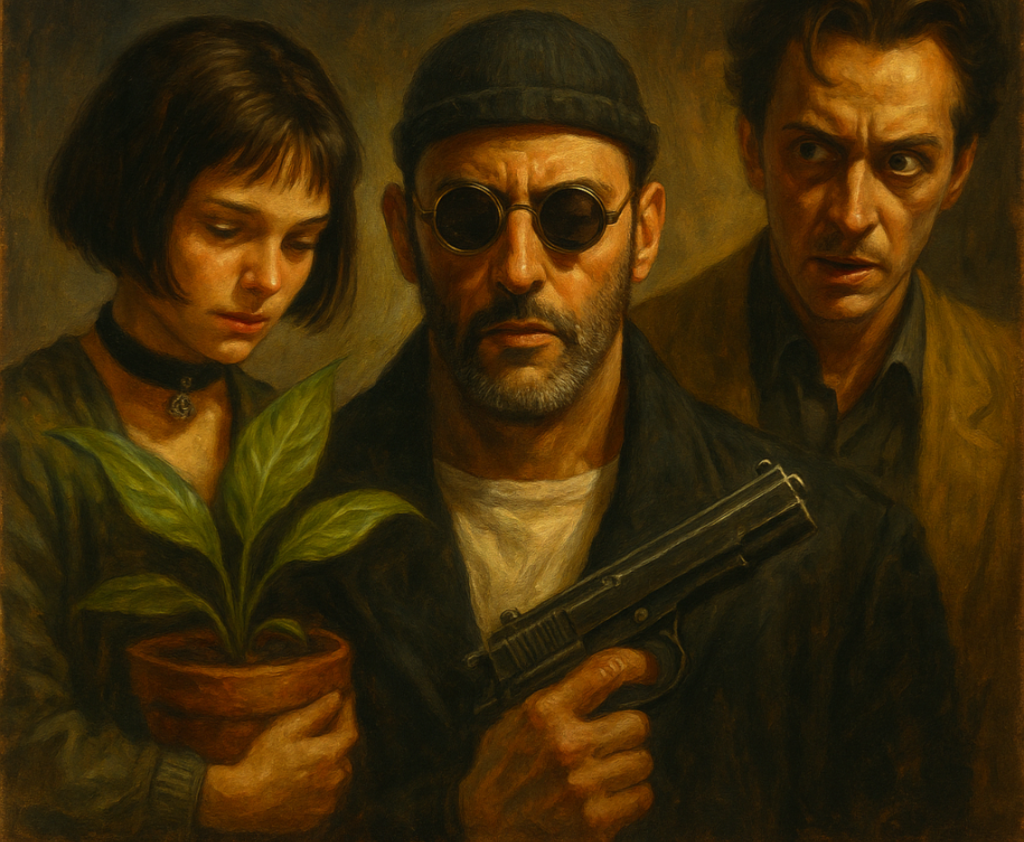 A cinematic oil painting inspired by Léon: The Professional, showing a stoic hitman cleaning his gun beside a young girl gazing out a window, bathed in soft light — symbolizing the balance between innocence and violence.
