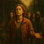 A cinematic oil painting inspired by Yellowjackets, showing Lottie Matthews standing in a misty forest surrounded by candle-holding followers — symbolizing the rise of her cult, faith, and trauma.
